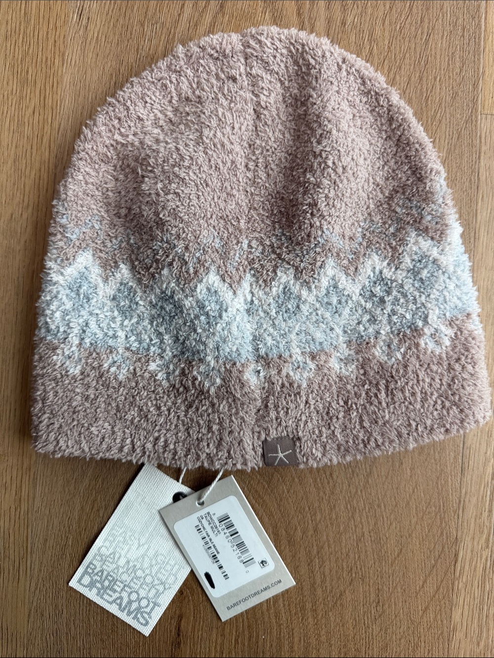 Barefoot Dreams taupe, white and blue Fuzzy Knit Beanie